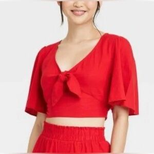 A New Day Women's Flutter Short Sleeve Tie-Front Shirt - Red size Large NWT